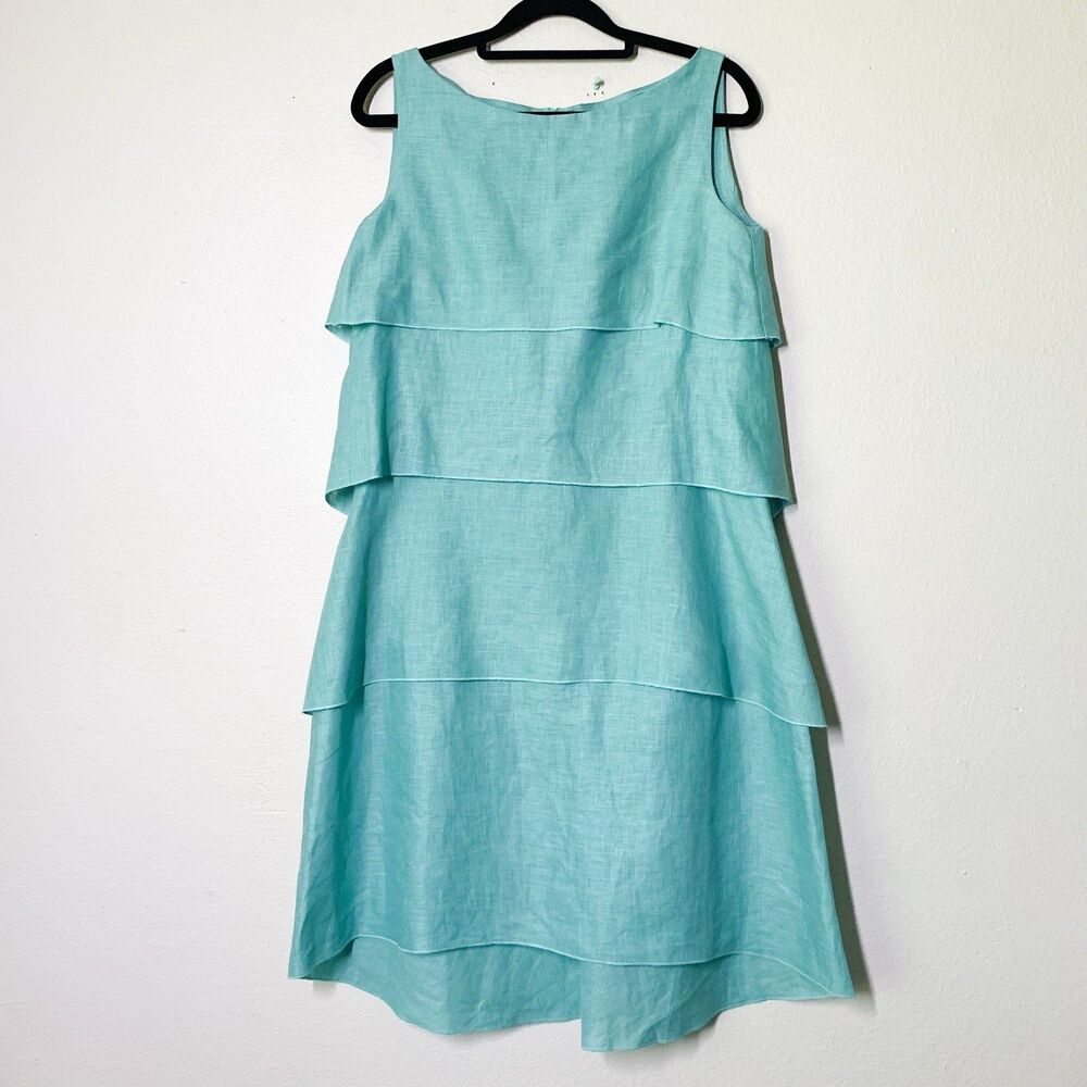 Elm Design 100% Linen Tiered Dress 1 Small Below the Knee Blue-Green Sleeveless